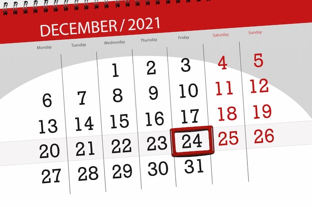 Kalenderplanner voor de maand december 2021, deadline dag, 24, vrijdag.