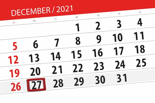 Kalenderplanner voor de maand december 2021, deadline dag, 27, maandag.