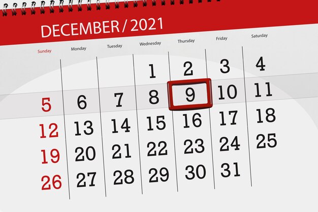 Kalenderplanner voor de maand december 2021, deadline dag, 9, donderdag.