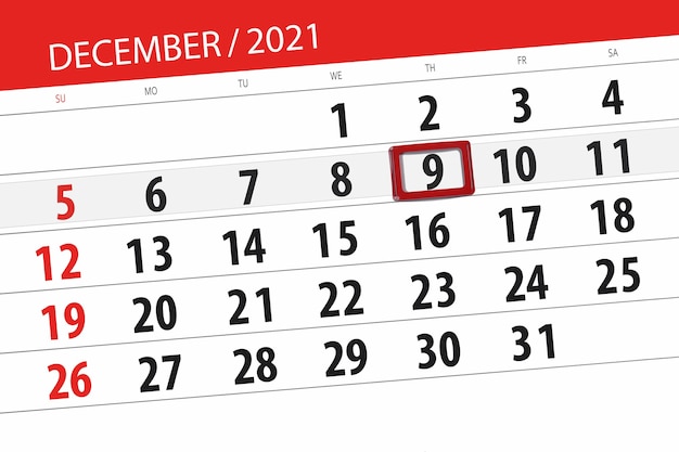 Kalenderplanner voor de maand december 2021, deadline dag, 9, donderdag.