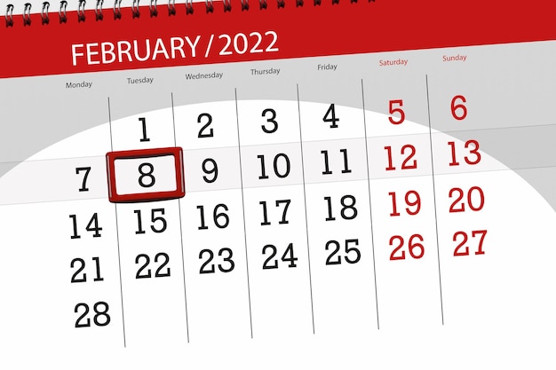 Kalenderplanner voor de maand februari 2022, deadline dag, 8, dinsdag.