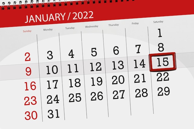 Kalenderplanner voor de maand januari 2022, deadline dag, 15, zaterdag.