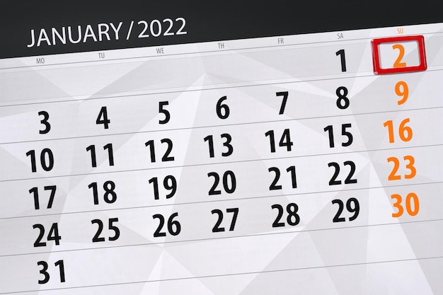 Kalenderplanner voor de maand januari 2022, deadline dag, 2, zondag.