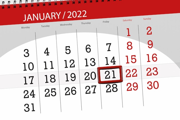 Kalenderplanner voor de maand januari 2022, deadline dag, 21, vrijdag.