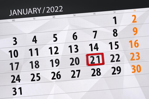Kalenderplanner voor de maand januari 2022, deadline dag, 21, vrijdag.