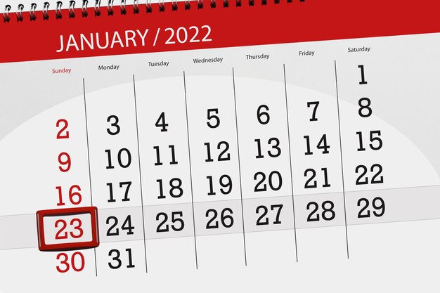Kalenderplanner voor de maand januari 2022, deadline dag, 23, zondag.