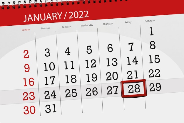 Kalenderplanner voor de maand januari 2022, deadline dag, 28, vrijdag.