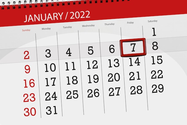 Kalenderplanner voor de maand januari 2022, deadline dag, 7, vrijdag.