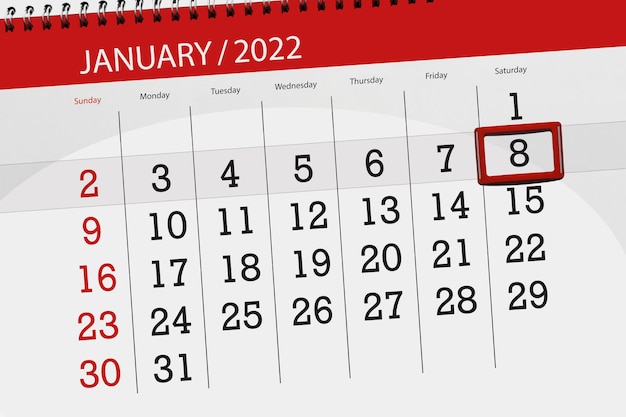 Kalenderplanner voor de maand januari 2022, deadline dag, 8, zaterdag.