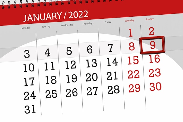 Kalenderplanner voor de maand januari 2022, deadline dag, 9, zondag.