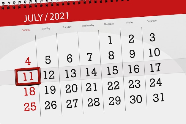 Kalenderplanner voor de maand juli 2021, deadline day, 11, zondag.