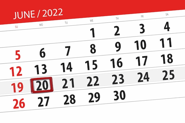 Kalenderplanner voor de maand juni 2022 deadline dag 20 maandag