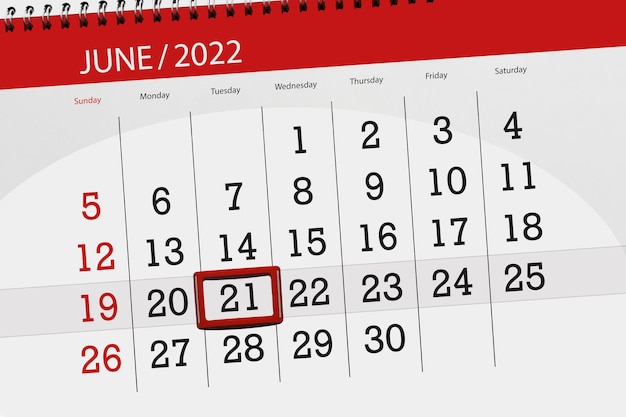 Kalenderplanner voor de maand juni 2022 deadline dag 21 dinsdag