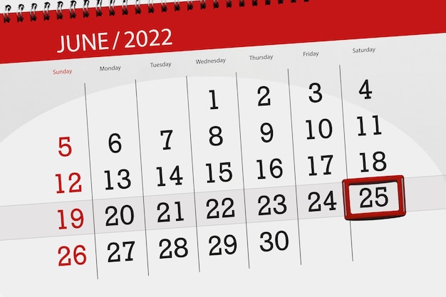 Kalenderplanner voor de maand juni 2022 deadline dag 25 zaterdag