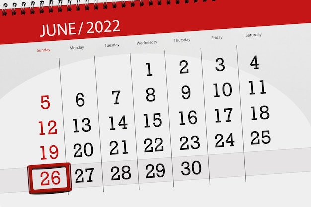 Kalenderplanner voor de maand juni 2022 deadline dag 26 zondag