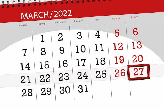 Kalenderplanner voor de maand maart 2022, deadline dag, 27, zondag.