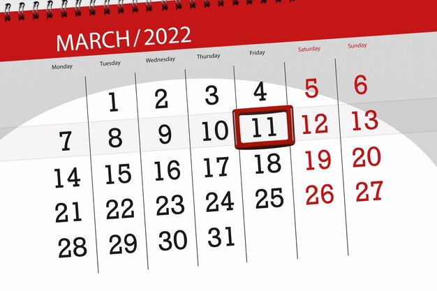 Kalenderplanner voor de maand maart 2022, deadline day, 11, vrijdag.