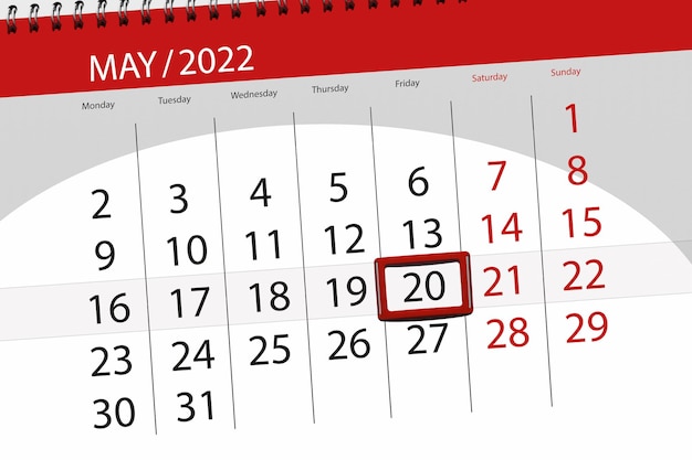 Kalenderplanner voor de maand mei 2022 deadline dag 20 vrijdag