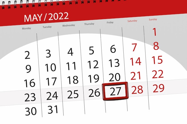 Kalenderplanner voor de maand mei 2022 deadline dag 27 vrijdag