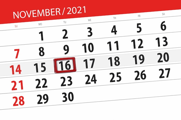 Kalenderplanner voor de maand november 2021, deadline dag, 16, dinsdag.