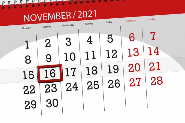 Kalenderplanner voor de maand november 2021, deadline dag, 16, dinsdag.