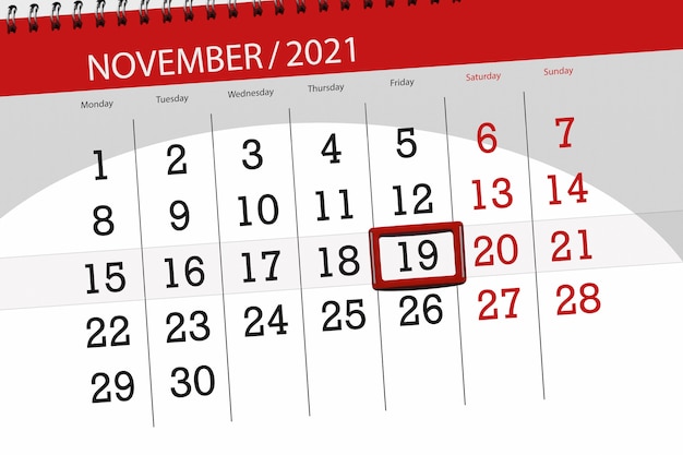 Kalenderplanner voor de maand november 2021, deadline dag, 19, vrijdag.