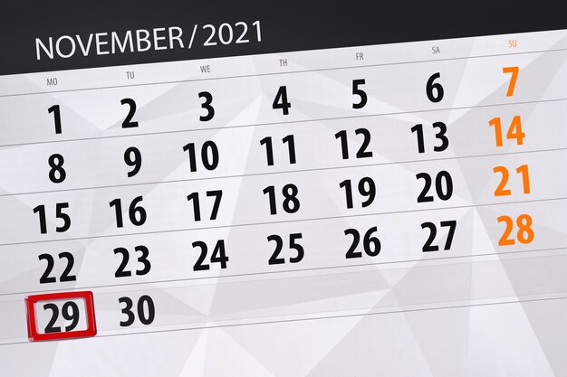 Kalenderplanner voor de maand november 2021, deadline dag, 29, maandag.