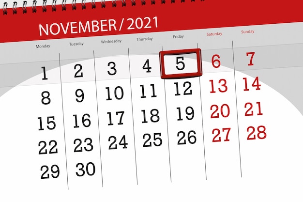 Kalenderplanner voor de maand november 2021, deadline dag, 5, vrijdag.