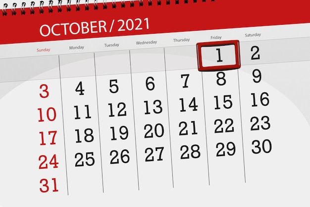 Kalenderplanner voor de maand oktober 2021, deadline dag, 1, vrijdag.