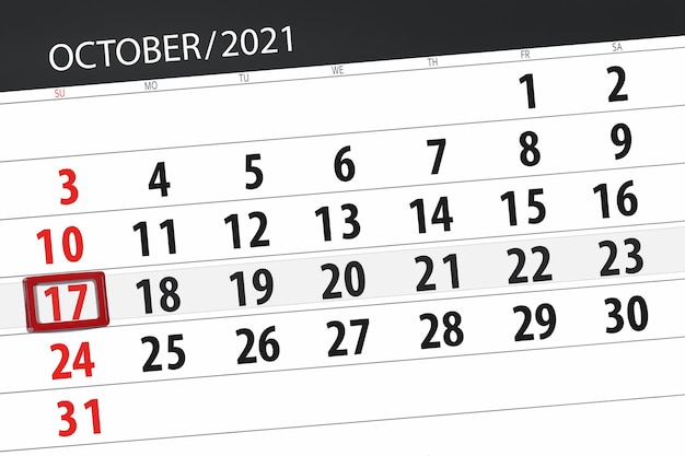 Kalenderplanner voor de maand oktober 2021, deadline dag, 17, zondag.