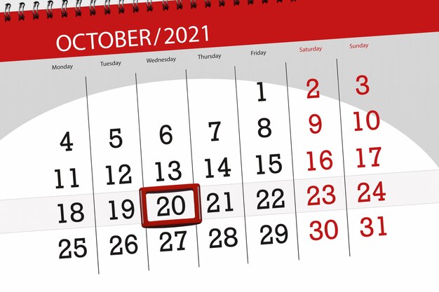 Kalenderplanner voor de maand oktober 2021, deadline dag, 20, woensdag.