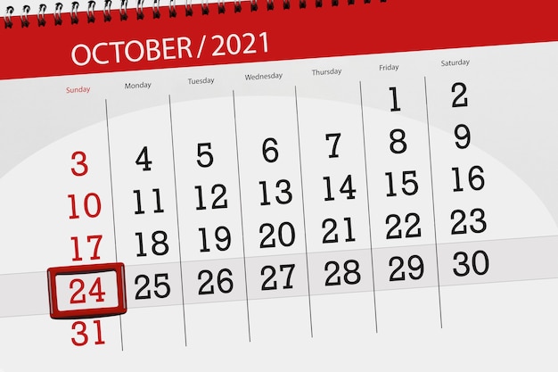 Kalenderplanner voor de maand oktober 2021, deadline dag, 24, zondag.