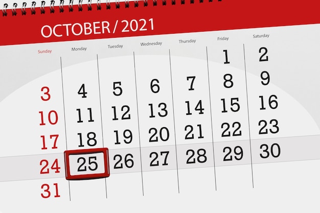 Kalenderplanner voor de maand oktober 2021, deadline dag, 25, maandag.
