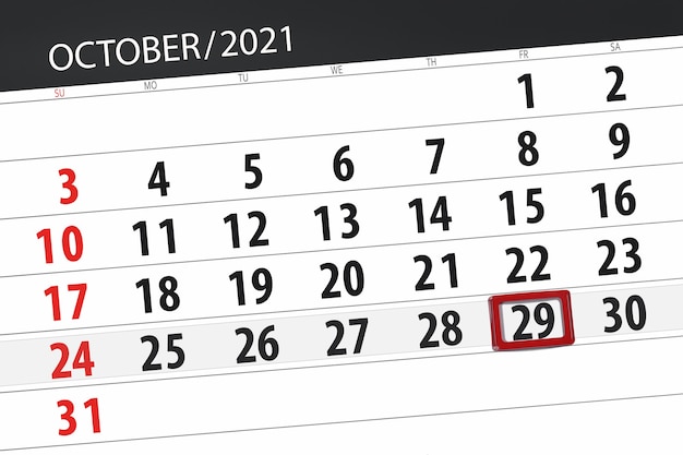 Kalenderplanner voor de maand oktober 2021, deadline dag, 29, vrijdag.