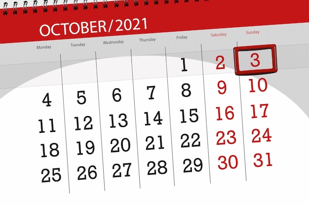 Kalenderplanner voor de maand oktober 2021, deadline dag, 3, zondag.