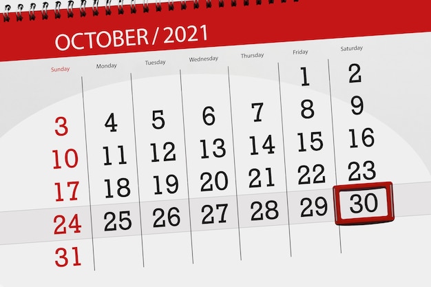 Kalenderplanner voor de maand oktober 2021, deadline dag, 30, zaterdag.