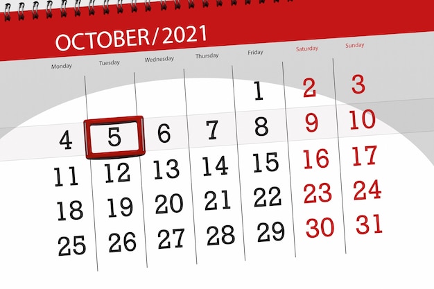 Kalenderplanner voor de maand oktober 2021, deadline dag, 5, dinsdag.