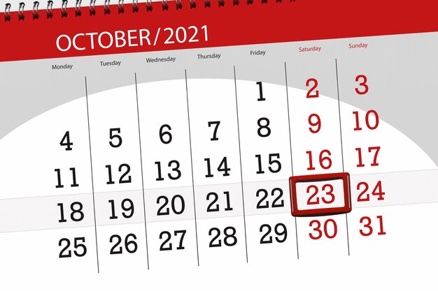 Kalenderplanner voor de maand oktober 2021, deadline day, 23, zaterdag.