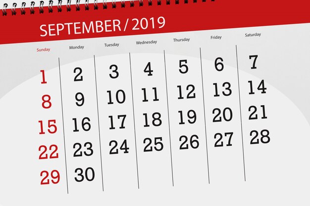 Kalenderplanner voor de maand september 2019, deadline dag