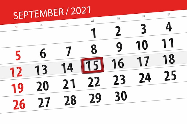 Kalenderplanner voor de maand september 2021, deadline dag, 15, woensdag.