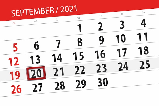 Kalenderplanner voor de maand september 2021, deadline dag, 20, maandag.