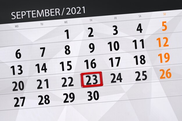 Kalenderplanner voor de maand september 2021, deadline dag, 23, donderdag.