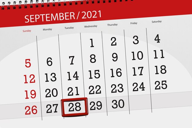 Kalenderplanner voor de maand september 2021, deadline dag, 28, dinsdag.