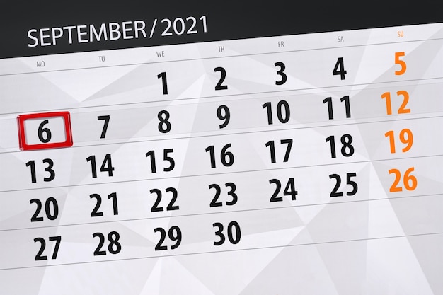 Kalenderplanner voor de maand september 2021, deadline dag, 6, maandag.