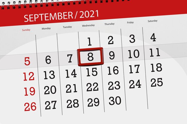 Kalenderplanner voor de maand september 2021, deadline dag, 8, woensdag.