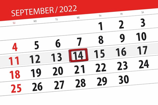 Kalenderplanner voor de maand september 2022 deadline dag 14 woensdag