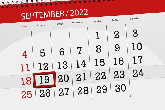 Kalenderplanner voor de maand september 2022 deadline dag 19 maandag