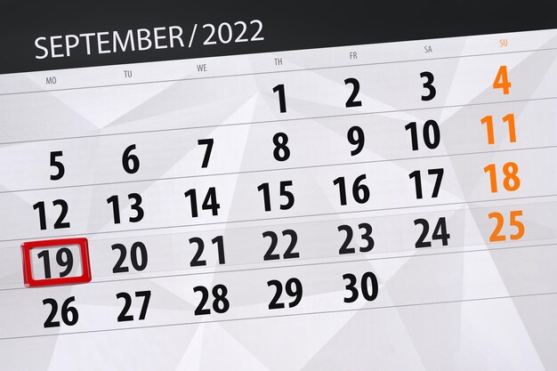 Kalenderplanner voor de maand september 2022 deadline dag 19 maandag