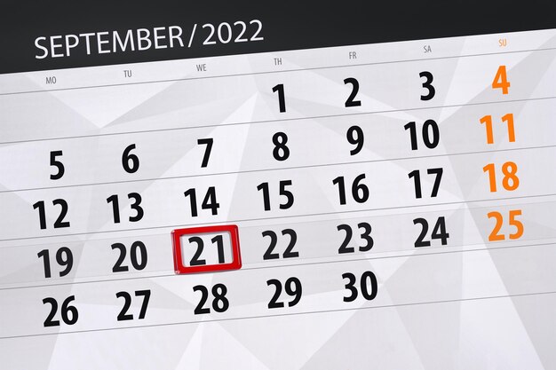 Kalenderplanner voor de maand september 2022 deadline dag 21 woensdag