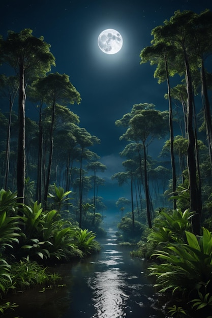 Foto la foresta pluviale di kalimantan nella notte di luna piena